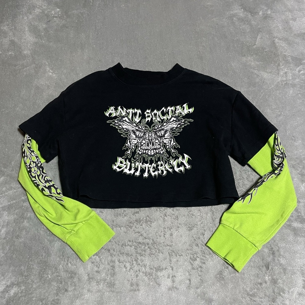 Vitriol Shirt Womens XS Alexie‎ Butterfly Green Black Cropped Long Sleeve Grunge